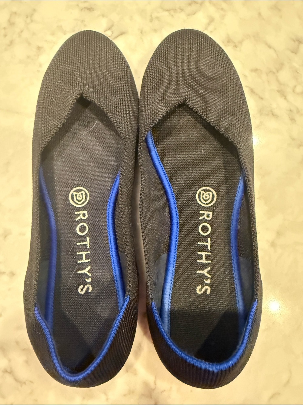 Rothy’s The Flat Black Knit Ballet Flats Blue Trim Women’s Size 8